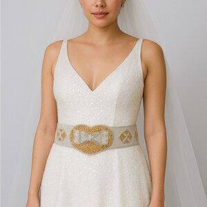 Gold Silver Sequin Beaded Rhinestone Ornate  Cummerbund Wedding Belt Size M New